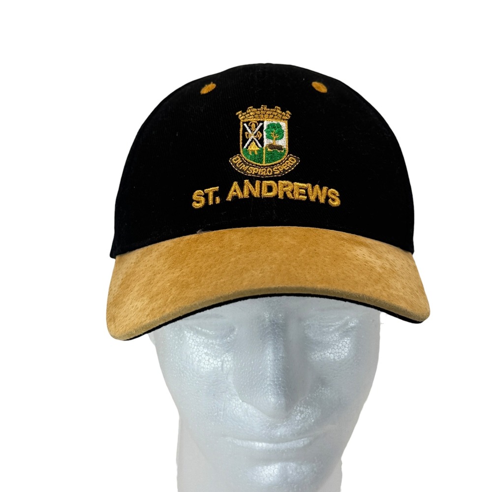Harrods St Andrews Old Course Golf Hat‎ OS Black Gold Crest Suede Bill Scotland